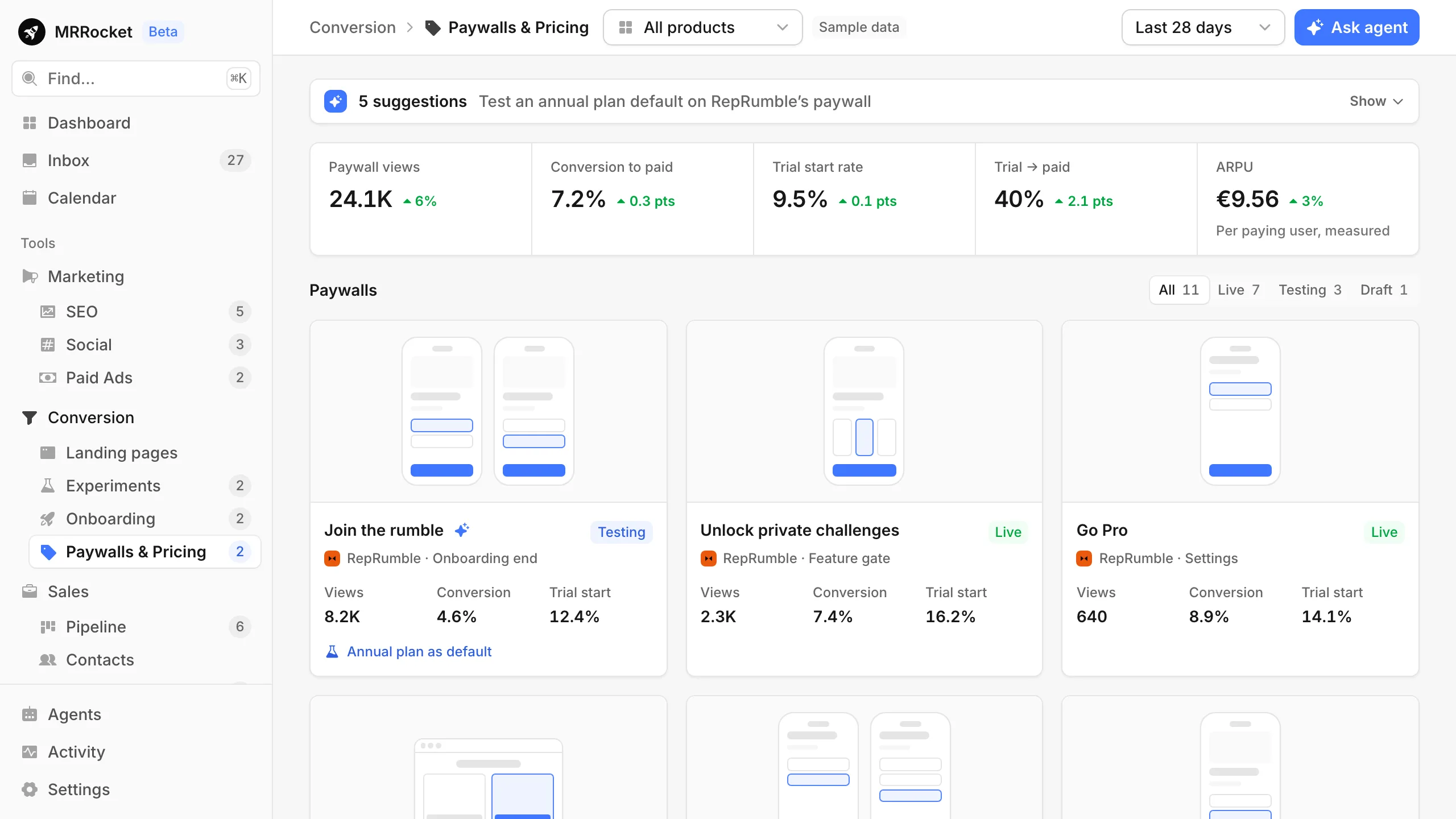 Paywalls: live and tested paywalls with their views, conversion and trial starts